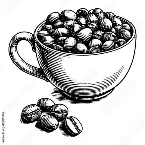 Engraved Coffee Beans in a Cup Detailed Black and White Outline Line Art Drawing Design