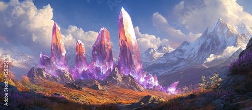 Crystal peaks gleam in autumnal mountain range photo