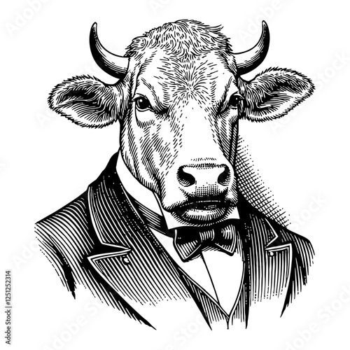 Cow Head in Victorian Suit Black and White Detailed Animal Humanoid Outline Line Art Drawing