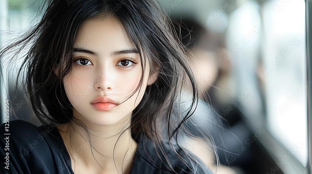 Fototapeta premium Close-up of a young Japanese woman resting on a crowded subway, eyes half-open, lost in thought. The monochrome palette enhances the cinematic lighting, emphasizing soft shadows and strong contrasts. 
