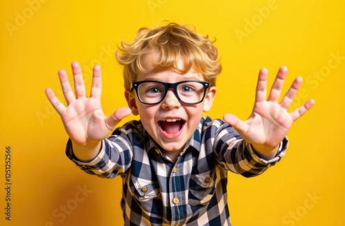 Portrait, excited smiling boy 10 years old with glasses and blond curly hair, with raised arms, wearing a plaid shirt and blue jeans on a yellow background.