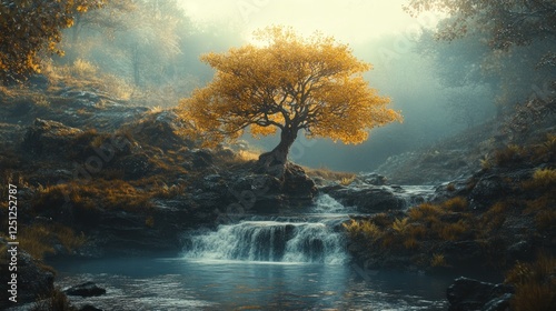Golden tree serene waterfall misty forest autumn peace