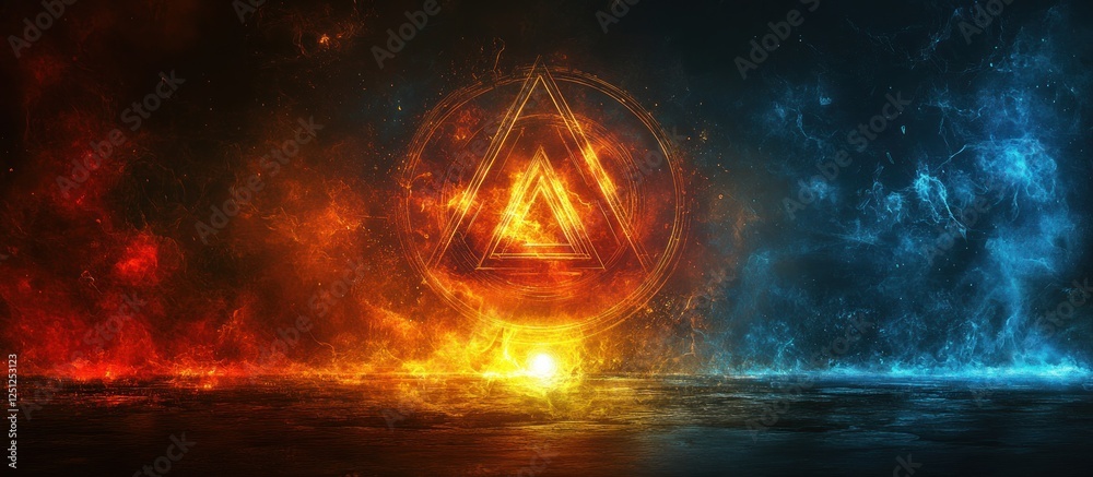 Fiery triangle symbol amidst inferno & ice, cosmic background, game design Fiery triangle symbol amidst inferno & ice, cosmic background, game design