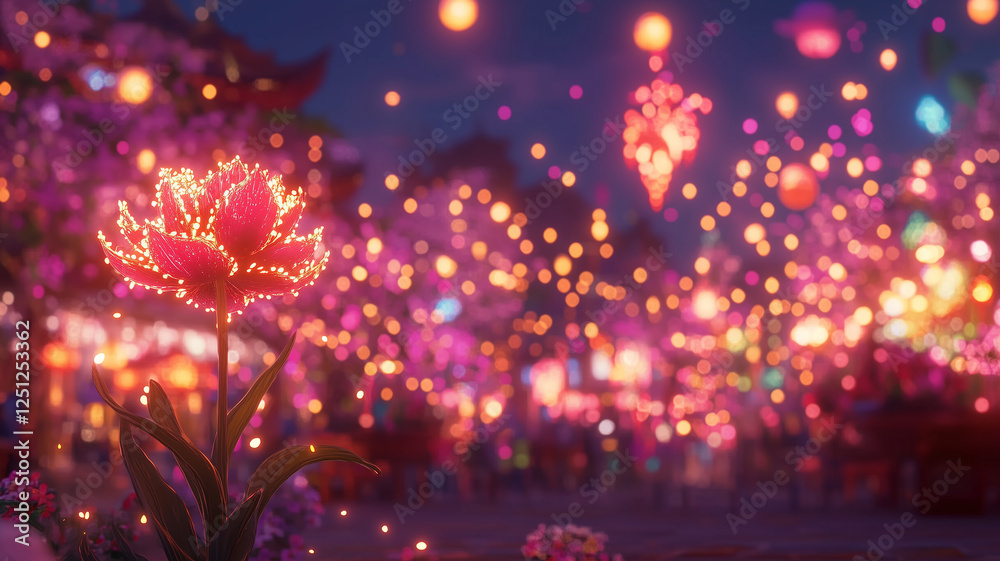 Obraz premium vibrant flower illuminated by colorful lights in festive setting, surrounded by blurred decorations and glowing lanterns, creating magical atmosphere