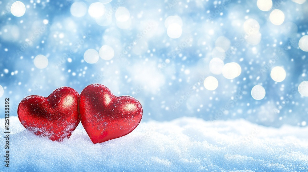 Fototapeta premium Two red hearts on snow, blue blurred background with bokeh lights, copy space for text, stock photo contest winner, banner, stock photo, website design template, background, banner, stock photography,