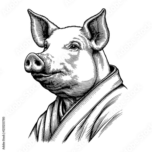 Pig Humanoid Wearing Kimono Traditional Engraving Style Black and White Outline Line Art Drawing