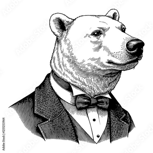 Elegant Polar Bear in Victorian Suit Black and White Outline Line Art Drawing Illustration