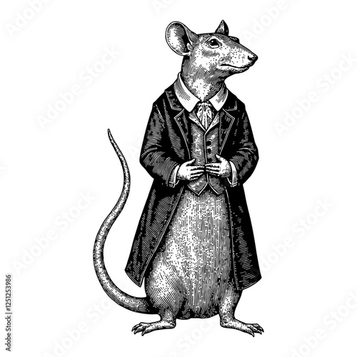 Dapper Rat Humanoid in 18th Century Suit Black and White Outline Line Art Drawing