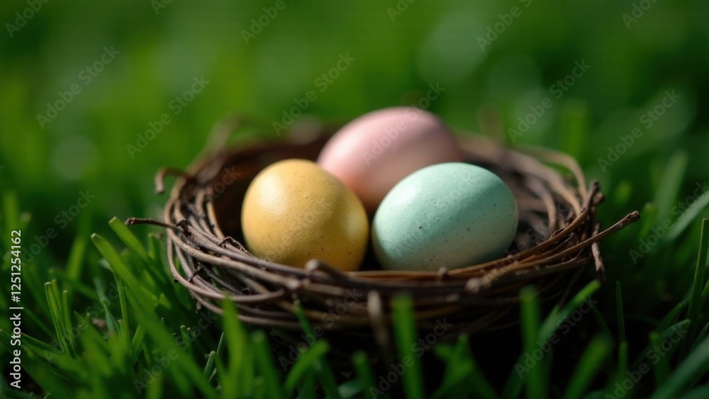 Decorated eggs lie in a wicker basket on the lawn Decorated eggs lie in a wicker basket on the lawn