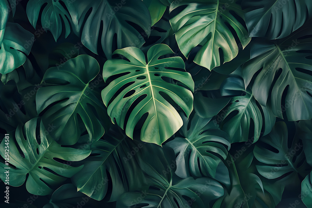 A lush, vibrant pattern of Monstera leaves in deep green hues, showcasing their natural textures and iconic split shapes. Perfect for nature-inspired designs, wallpapers, or tropical themes. A lush, vibrant pattern of Monstera leaves in deep green hues, showcasing their natural textures and iconic split shapes. Perfect for nature-inspired designs, wallpapers, or tropical themes.