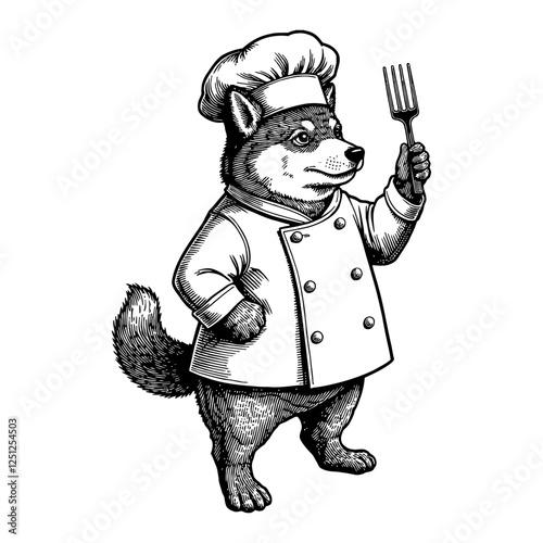 Shiba Inu Humanoid Chef with Fork Detailed Black and White Outline Line Art Drawing