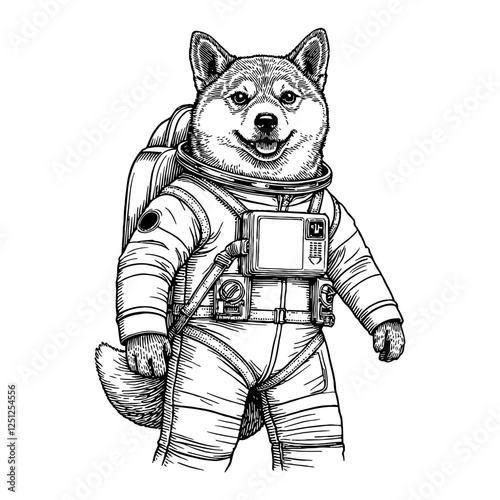 Shiba Inu Humanoid in Astronaut Suit Black and White Outline Line Art Drawing Illustration