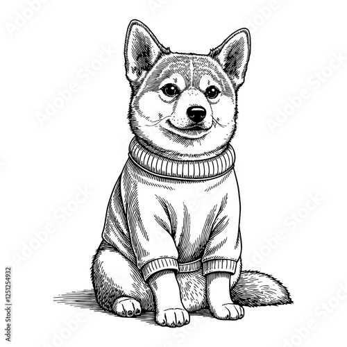 Shiba Inu Dog Wearing Sweater Detailed Black and White Outline Line Art Drawing Vector