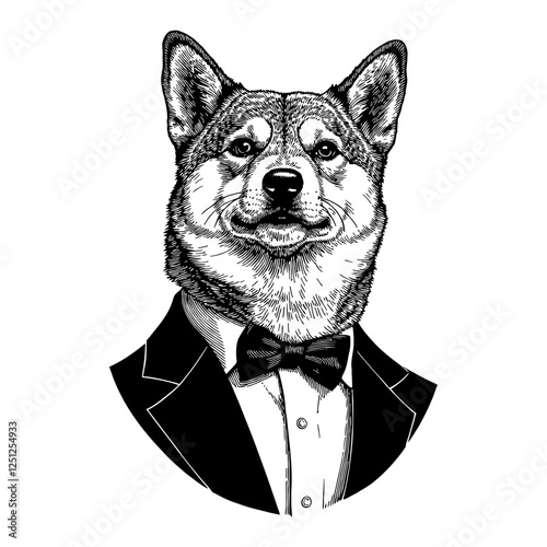 Shiba Inu Dog Head in Tuxedo Detailed Humanoid Black and White Outline Line Art Drawing