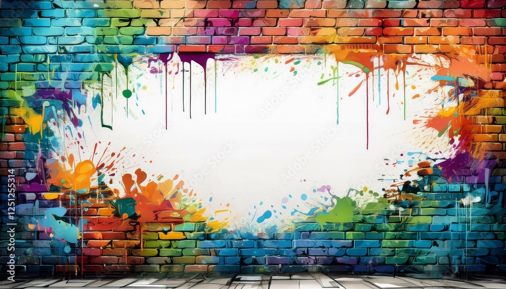 Fototapeta premium border frame of colorful grunge graffiti on white brick wall with copy space for text