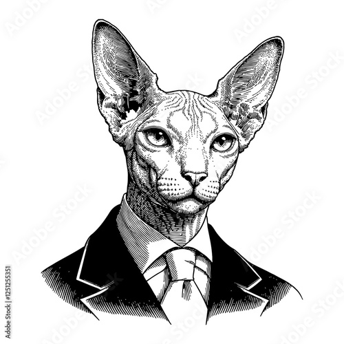 Sphynx Cat Humanoid Wearing Victorian Suit Detailed Black and White Outline Line Art Drawing