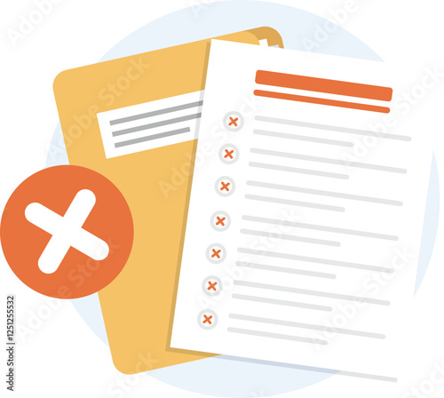 Document folder with wrong checklist icon, Paper sheet with x marks with document folder.
