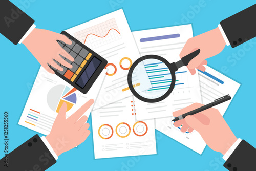 Top view people hand on table with document data, Business meeting at conference table, Paper work for analyzing documents with pen writing calculator and magnifying glass.