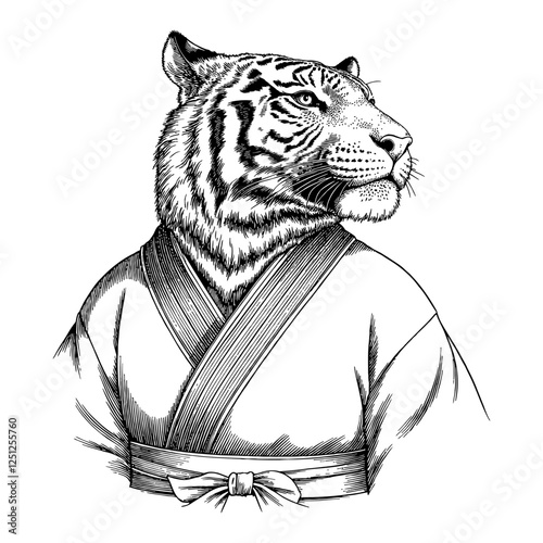 Anthropomorphic Tiger Wearing Kimono in Detailed Black and White Outline Line Art Drawing