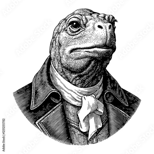 Turtle Humanoid Wearing French Suit Black and White Outline Line Art Drawing