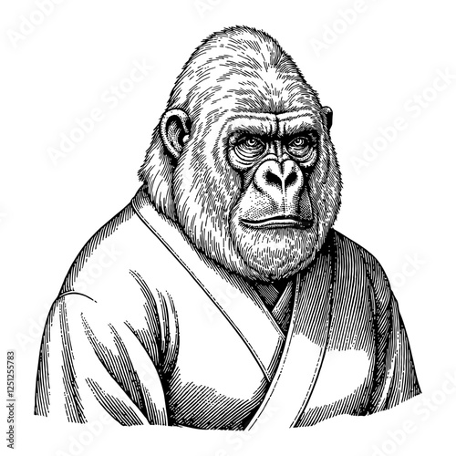 Portrait of Gorilla Humanoid Wearing Kimono in Black and White Outline Line Art Drawing