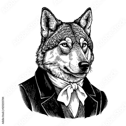 Wolf Humanoid Portrait Wearing Suit Black and White Detailed Outline Line Art Drawing Style