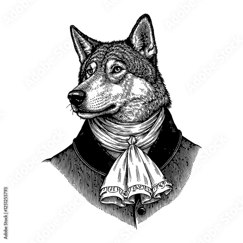 Wolf Humanoid Wearing French Suit in Black and White Vintage Outline Line Art Drawing