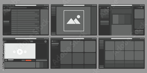Set of web browser screen in dark mode, User interface of application on black color, Flat modern design of windows program.