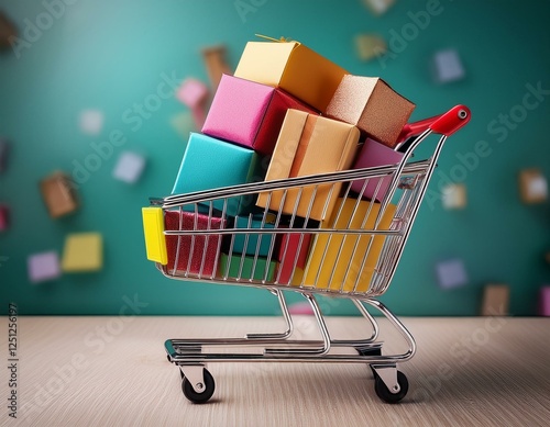 petit caddie de supermarché avec des boites cadeaux emballées en ia