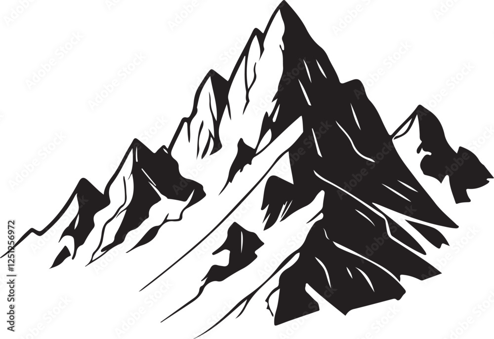 Mountain silhouette Design Simple Black and White with Sharp and Clean Lines | Black silhouette of mountains peaks landscape | Vector outdoor design elements | mountain range silhouette collection