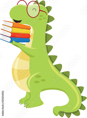 Cute Dino Holding Pile Of Books