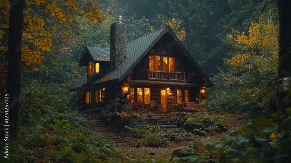 Illuminated log cabin, autumn forest, misty night, cozy retreat Illuminated log cabin, autumn forest, misty night, cozy retreat