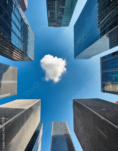 grand immeubles, buildings d'affaire vu depuis le sol vers la ciel en ia avec un nuage