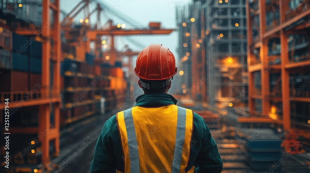 Worker oversees cargo operations at shipping yard during twilight hours revealing a busy industrial environment Worker oversees cargo operations at shipping yard during twilight hours revealing a busy industrial environment