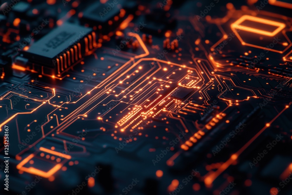 Intricate close-up shot of a circuit board displaying complex patterns and vibrant lights technology focus digital art high perspective futuristic concept Intricate close-up shot of a circuit board displaying complex patterns and vibrant lights technology focus digital art high perspective futuristic concept