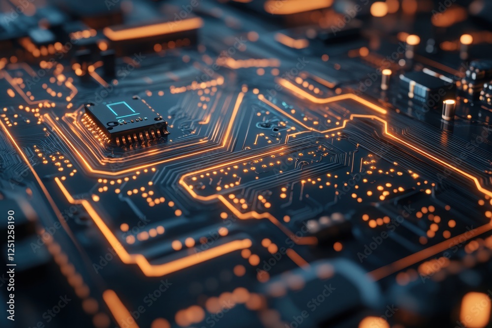 Intense closeup of a circuit board with glowing connections technology lab high-resolution image industrial environment macro viewpoint innovation concept Intense closeup of a circuit board with glowing connections technology lab high-resolution image industrial environment macro viewpoint innovation concept