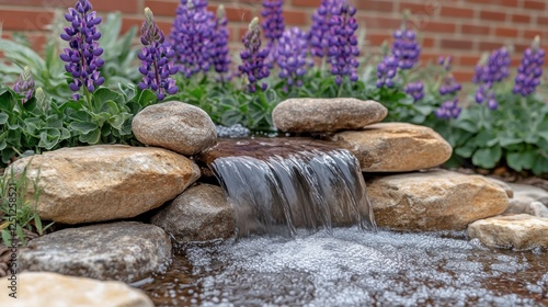 Fototapeta Naklejka Na Ścianę i Meble -  Garden waterfall rocks lupines backyard serenity