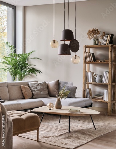 salon moderne et chaleureux en ia, lumière et couleurs claires avec des plantes