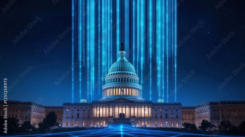 Obraz premium Government support. A digital rendition of the Capitol Building with blue data streams in a night sky.