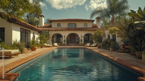 Luxury Spanish-style home, poolside view, sunny day, lush garden, real estate