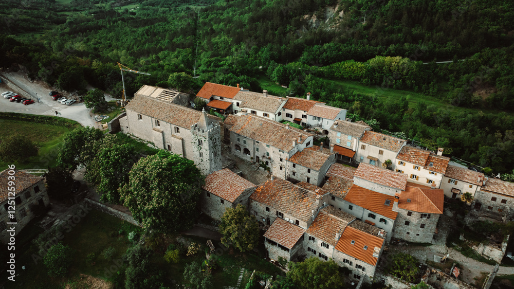 Fototapeta premium Aerial view of Hum, one of the smallest town in the world on hilltop, Croatia.