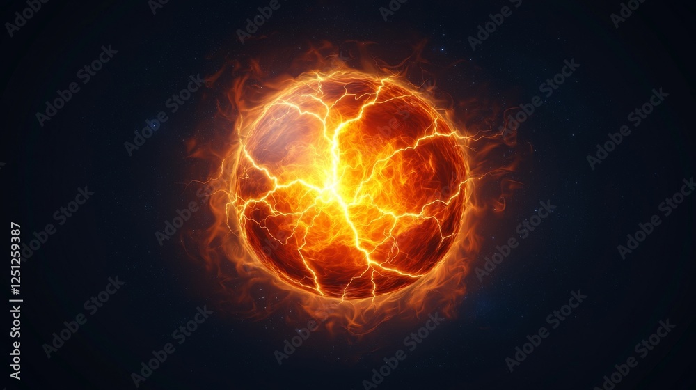 Fototapeta premium A vibrant, fiery sphere surrounded by electric energy, depicting a powerful explosion or cosmic event against a dark background.