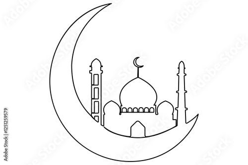 Continuous one line Ramadan symbol. mosque, Eid Mubarak, Eid Fitr vector line concept outline vector art illustration 