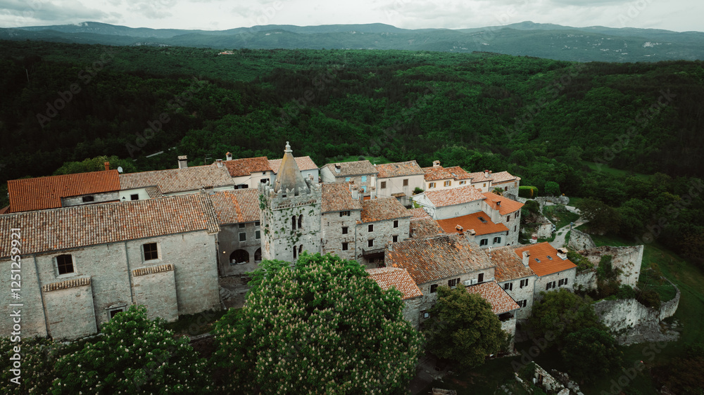 Aerial view of Hum, one of the smallest town in the world on hilltop, Croatia. Aerial view of Hum, one of the smallest town in the world on hilltop, Croatia.