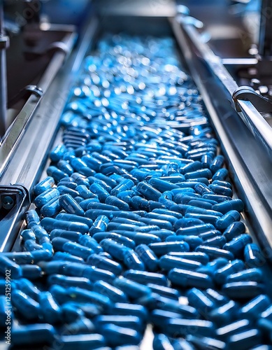 usine de médicament, pilules bleu en fabrication sur un tapis roulant en ia photo