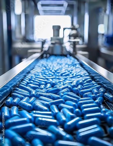 usine de médicament, pilules bleu en fabrication sur un tapis roulant en ia photo