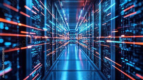 Data center server room, glowing network, digital streams, technology background, website banner photo