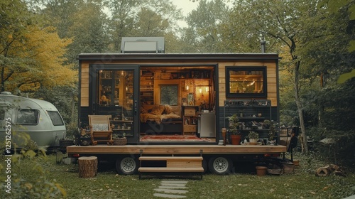 Cozy autumn tiny house, woodland setting, open doors, camper nearby, idyllic escape