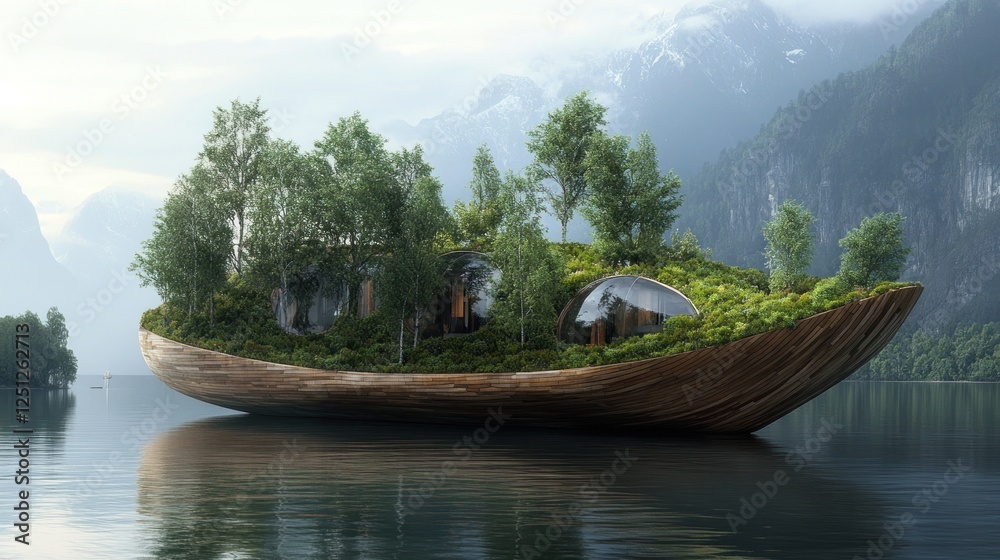 Fototapeta premium Eco-friendly floating home, mountain lake, serene landscape, sustainable architecture, advertising