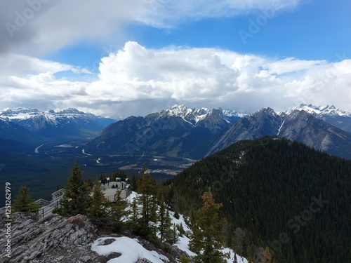 Sulphur Mountain Summit observation deck with snow, viewing Mt Norquay, Sawback, Pilot Mountain of the Rockies, Banff National Park, Calgary, Alberta, Canada photo